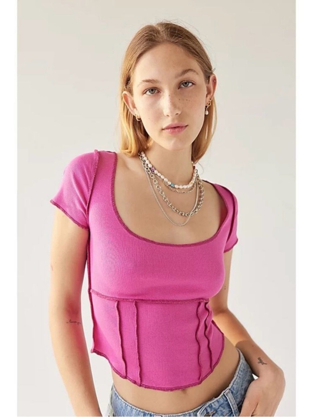 Urban Outfitters UO Keanu Scoop Neck Corset Tee Pink Ribbed Knit Short Sleeve